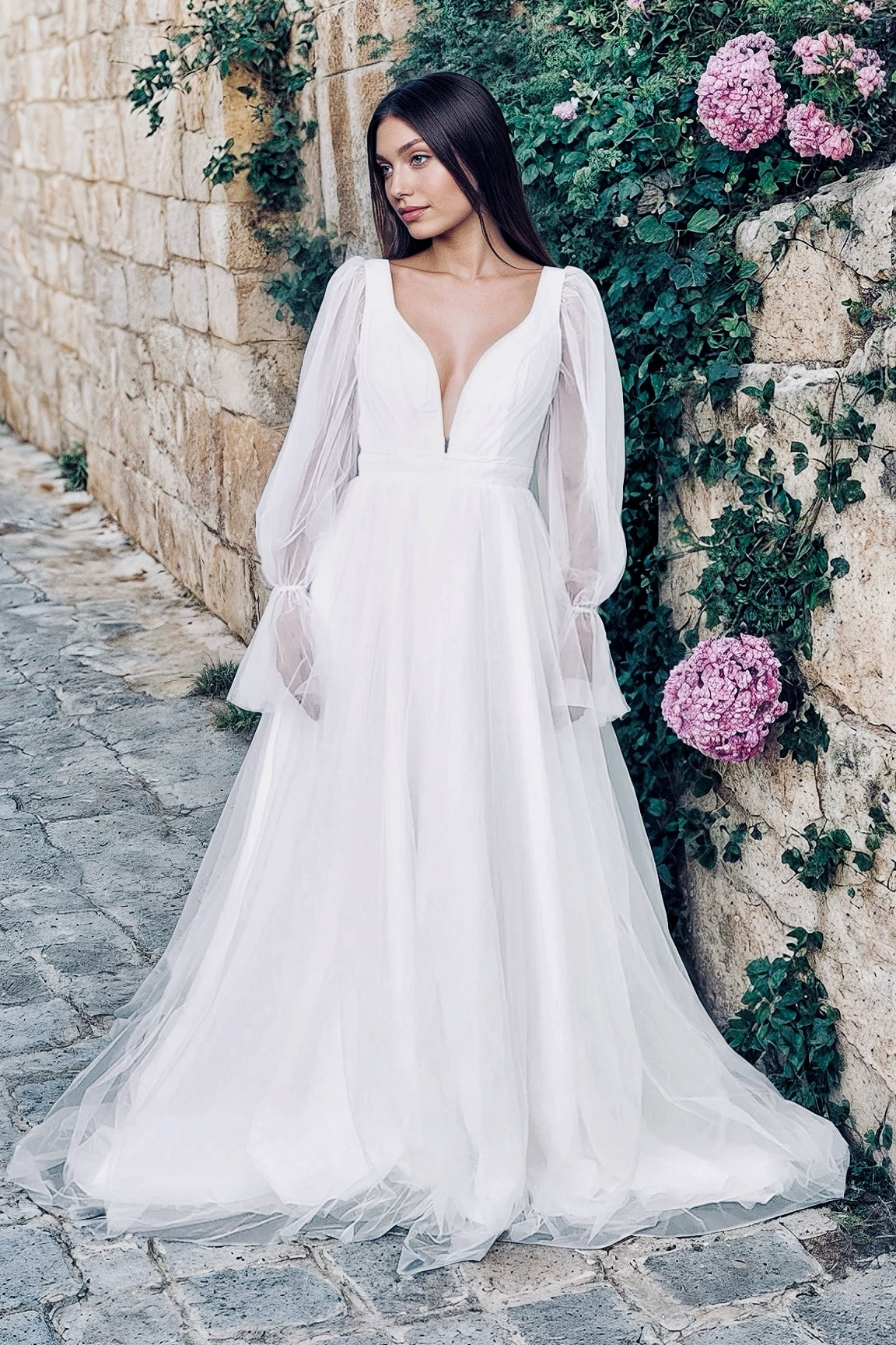 Cerridwen Bishop Sleeve Wedding Dress | Deep V-Neck Tulle Bridal Gown