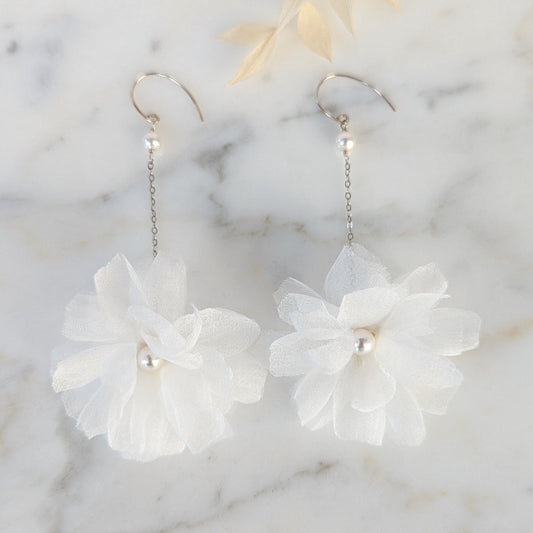 DAISY Long Silk Flower Drop Bridal Earrings