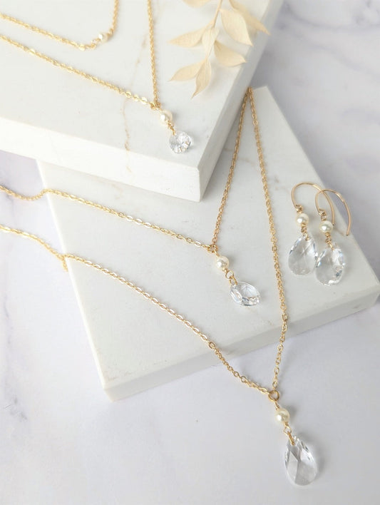 SADIE Teardrop Crystal & Pearl Back Chain Necklace
