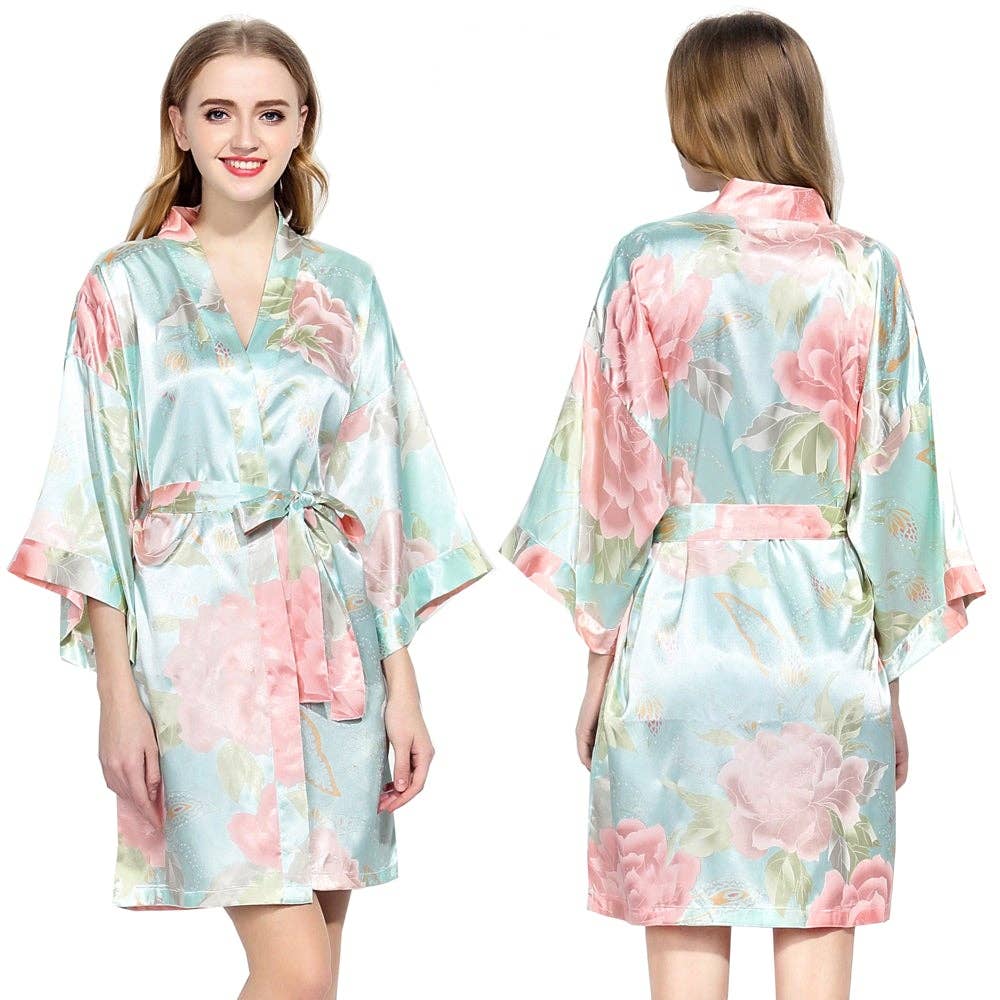 Light Blue Floral Satin Robe