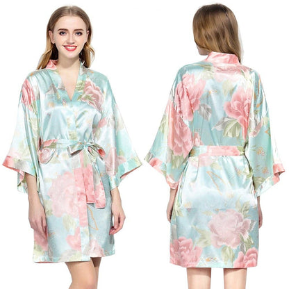 Light Blue Floral Satin Robe
