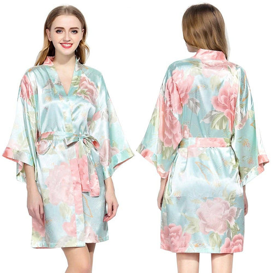 Light Blue Floral Satin Robe
