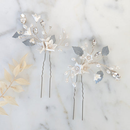 AVA Crystal & Pearl Flower Bridal Hair Pins