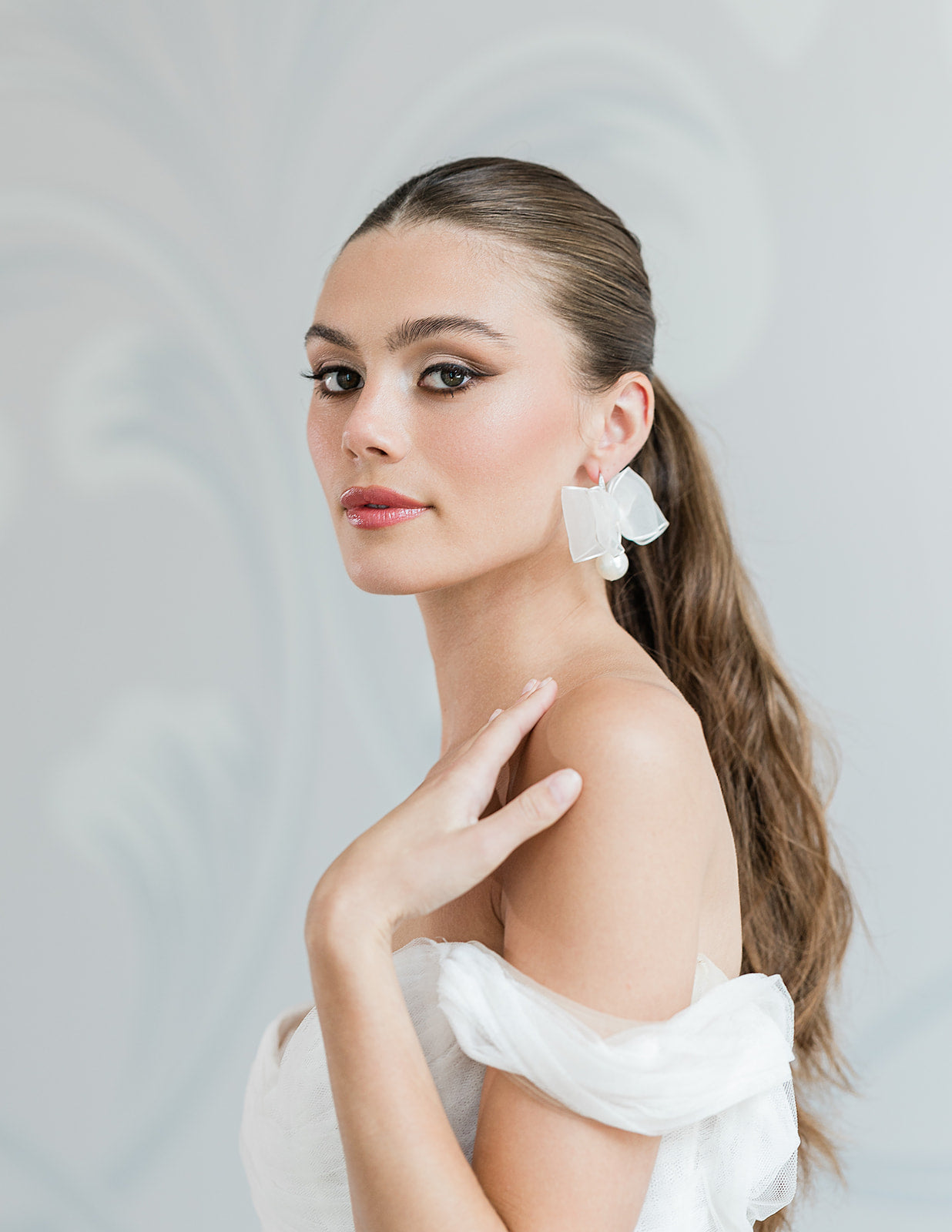 TORI Organza Bow Earrings with Pearl Drops