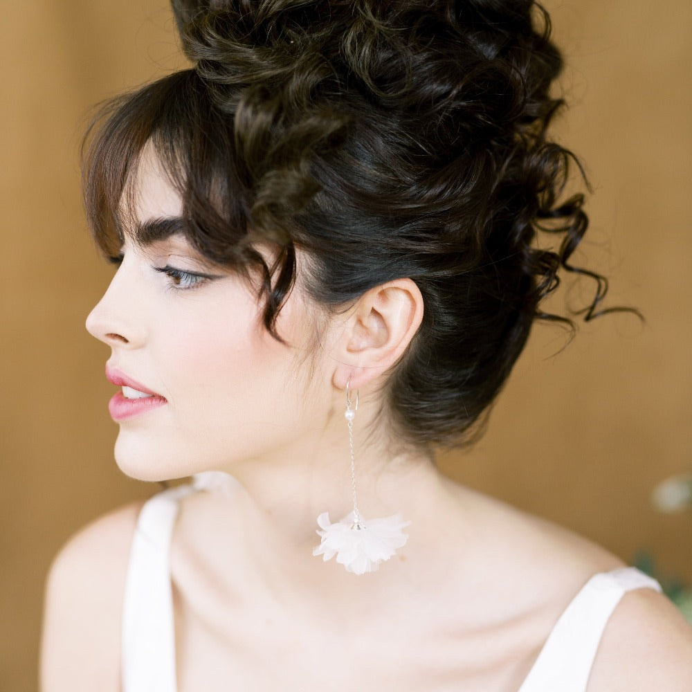 DAISY Long Silk Flower Drop Bridal Earrings