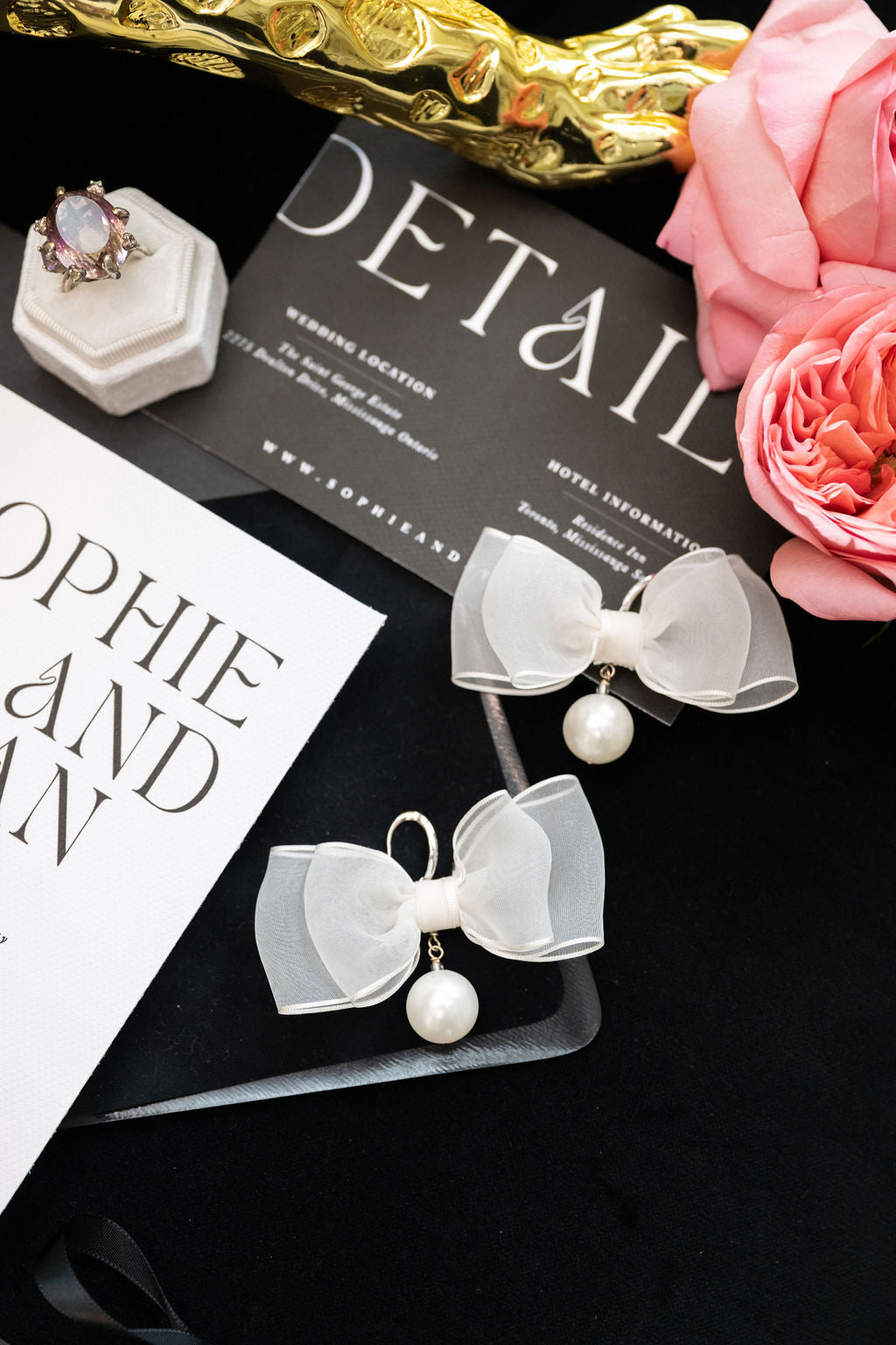 TORI Organza Bow Earrings with Pearl Drops