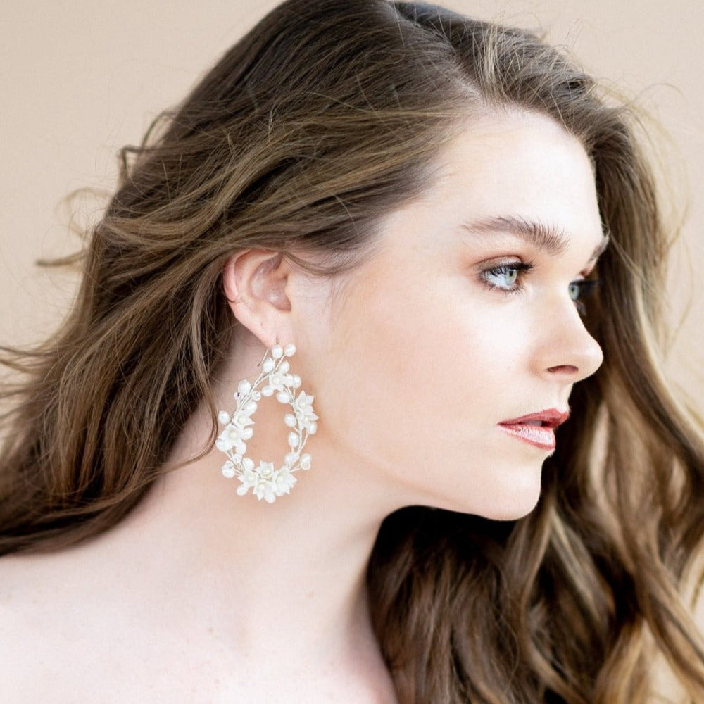 LAINE Statement Pearl & Crystal Vine Teardrop Bridal Earrings