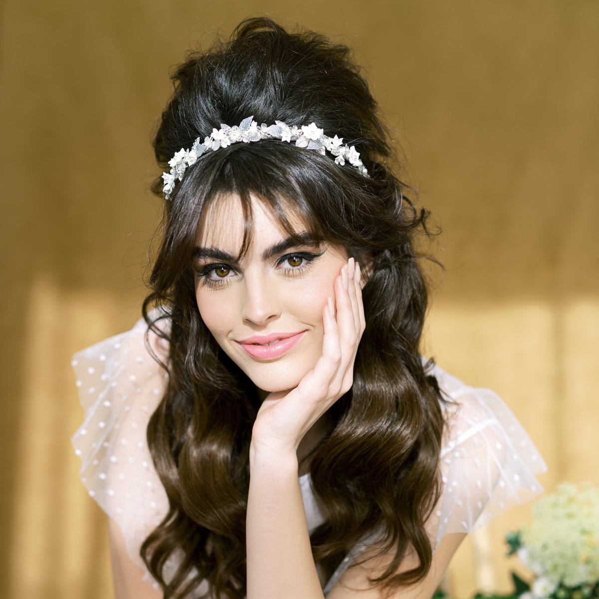 Silver Floral Wire Hair Wreath/Headband/Tiara - Marionat - NWT SARI Clay Flower & Leaf Bridal Headband - Reign Bridal main image 3