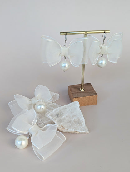 TORI Organza Bow Earrings with Pearl Drops